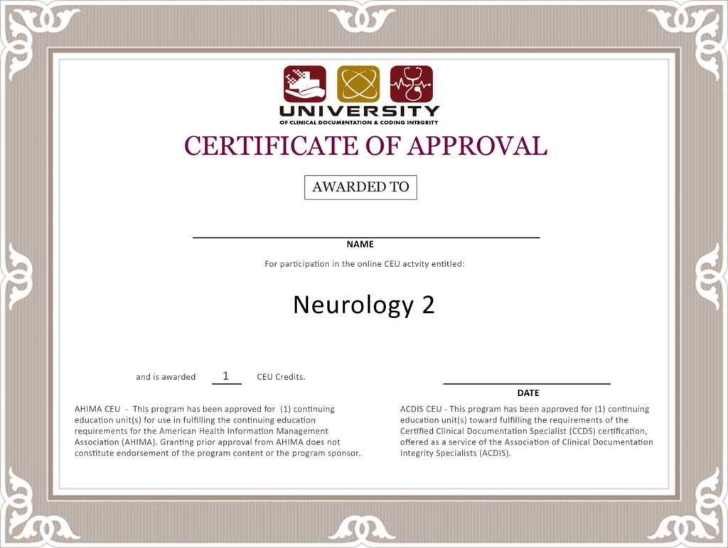 Neurology 2 Certificate Association for Integrity in Healthcare